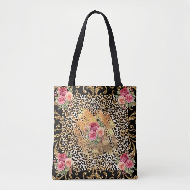 Leopardendruck mit Rose und vergoldetem Glitzer Tasche (Vorderseite)