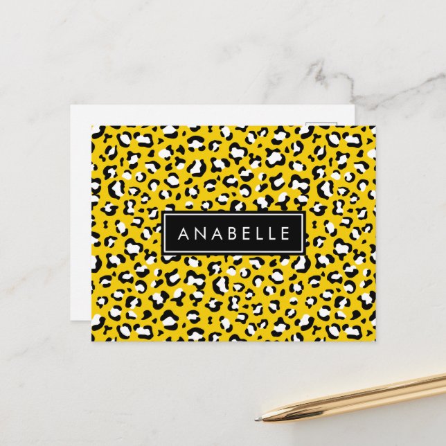 Leopardendrucke, Spots, Gelber Leopard, Ihr Name Postkarte (Vorderseite/Rückseite Beispiel)