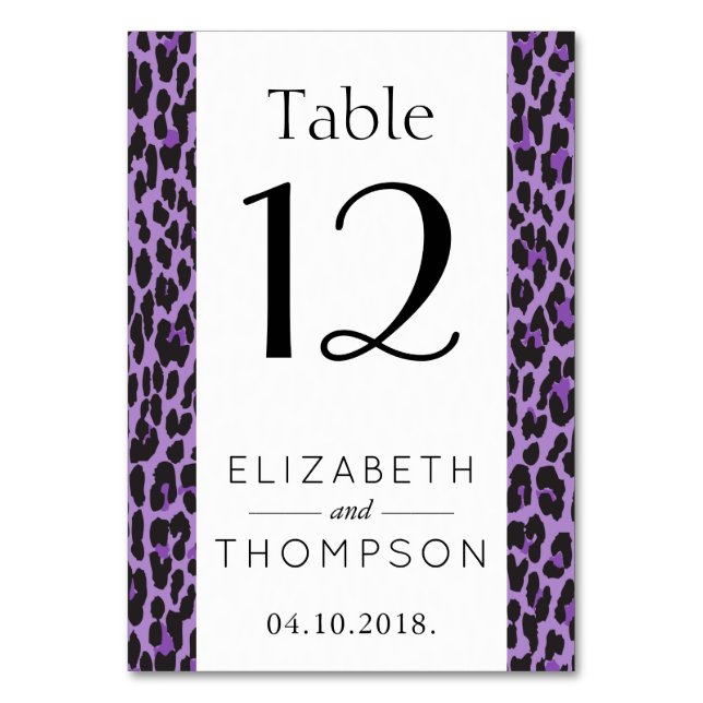 Leopardendrucke, Spots, Lila Leopard, Hochzeit Tischnummer (Vorderseite)