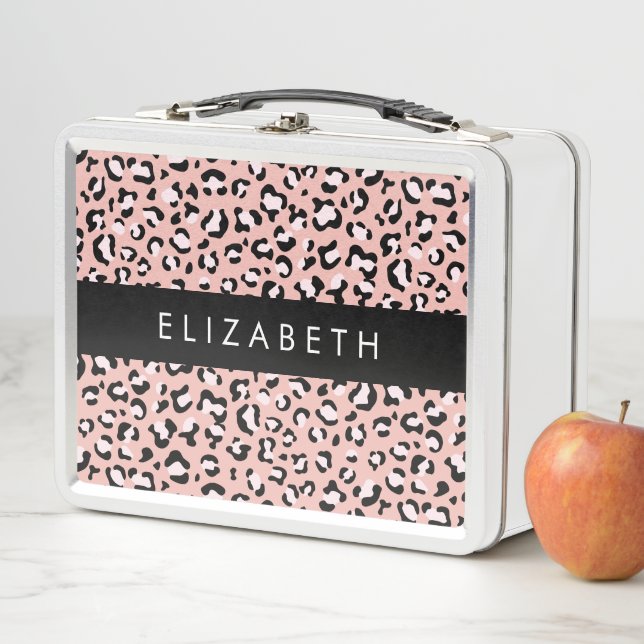 Leopardendrucke, Spots, rosa Leoparden, Ihr Name Metall Brotdose (Beispiel)