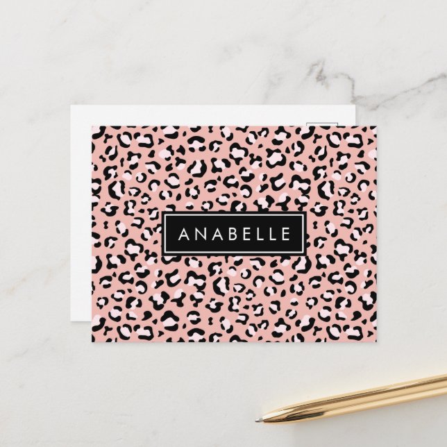 Leopardendrucke, Spots, rosa Leoparden, Ihr Name Postkarte (Vorderseite/Rückseite Beispiel)