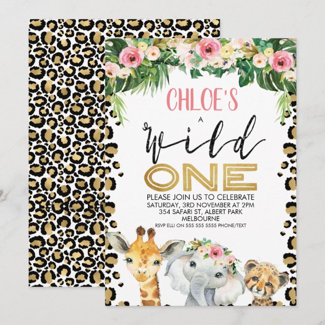 Leopardenflora Wild Ein Geburtstag Einladung (Vorne/Hinten)