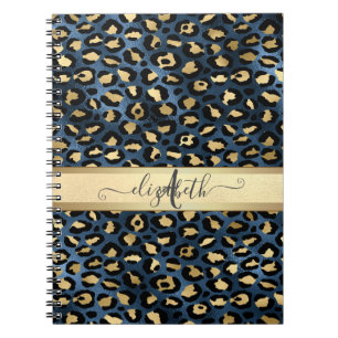 Leopardenmuster Blau Gold Monogramm Notizblock