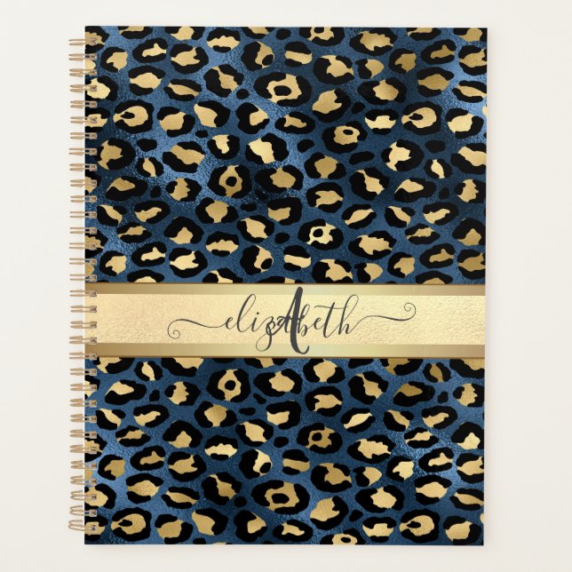 Leopardenmuster Blau Gold Monogramm Planer (Vorderseite)