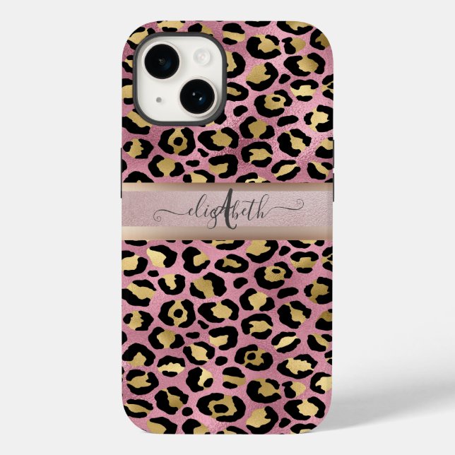 Leopardenmuster Monogramm Roségold Schwarz Case-Mate iPhone 14 Hülle (Rückseite)