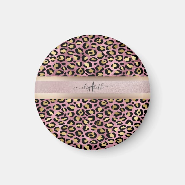 Leopardenmuster Monogramm Roségold Schwarz Magnet (Vorne)