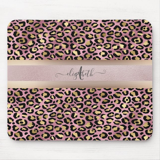 Leopardenmuster Monogramm Roségold Schwarz Mousepad (Vorne)