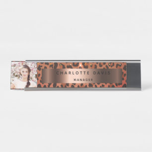 Leopardenmuster Rose Gold Foto Schreibtischnamensplakette