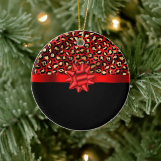 Leopardenmuster Rot, Gold und Schwarz mit roter Sc Keramik Ornament