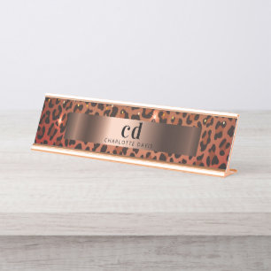 Leopardenmuster schwarz Bronze metallisch Schreibtischnamensplakette