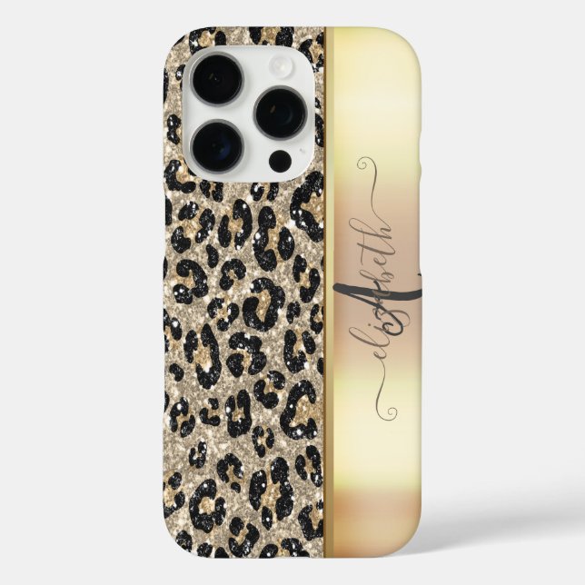 Leopardenmuster Schwarz Bronze Monogramm iPhone 16 Pro Hülle (Rückseite)