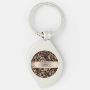 Leopardenmuster Schwarz Bronze Monogramm Schlüsselanhänger