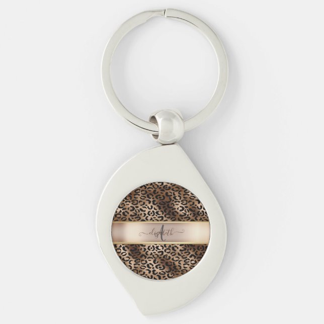 Leopardenmuster Schwarz Bronze Monogramm Schlüsselanhänger (Vorderseite)