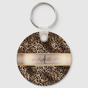 Leopardenmuster Schwarz Bronze Monogramm Schlüsselanhänger