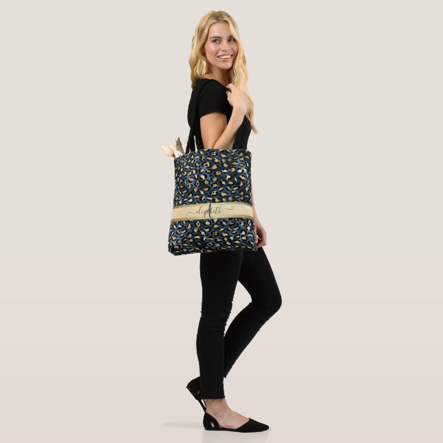 Leopardenmuster Schwarz Bronze Monogramm Tasche (Am Model)