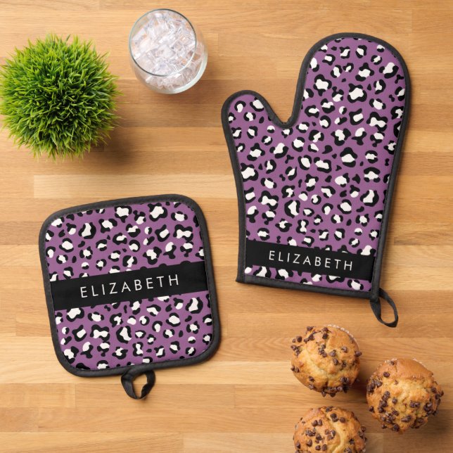 Leopardenmuster, Spots, Lila Leopard, Ihr Name Ofenhandschuh & Topflappen-Set (Oben Unten)