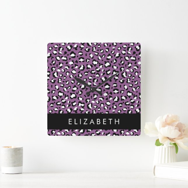 Leopardenmuster, Spots, Lila Leopard, Ihr Name Quadratische Wanduhr (Zuhause)
