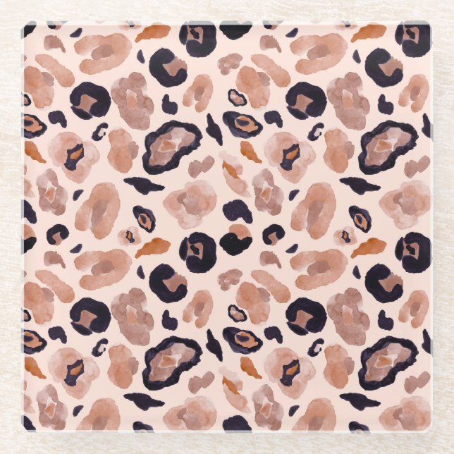 Leopardenprint, nahtlos, beige Hintergrund. Glasuntersetzer (Vorderseite)