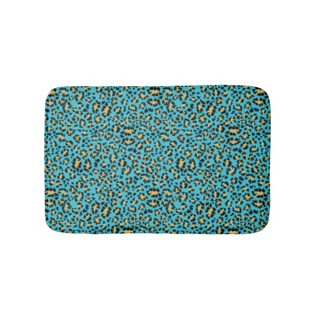 Leopardprint auf gemütlicher blauer Badematte (Vorderseite)