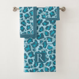 Leopardprint und Monogramm in blauen Tönen Badhandtuch Set