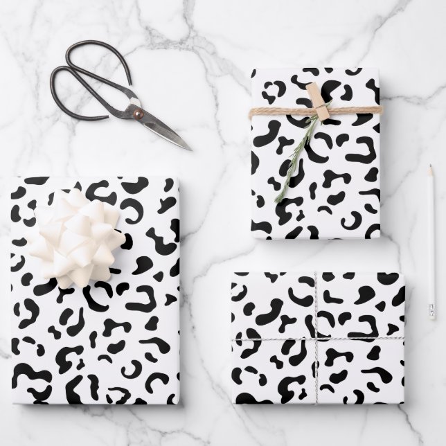 Leopardrucke, Leoparden, Schwarz und Weiß Geschenkpapier Set (Vorderseite)
