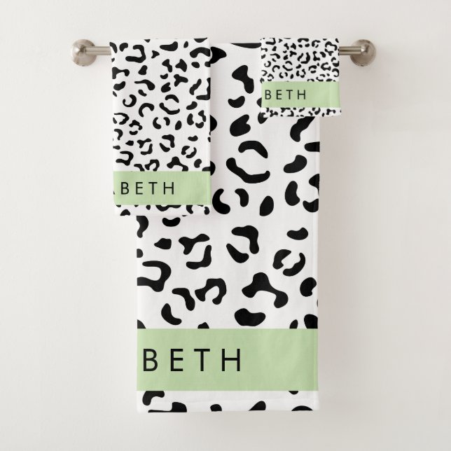 Leopardrucke, Spots, Schwarzweiß, Ihr Name Badhandtuch Set (Insitu)
