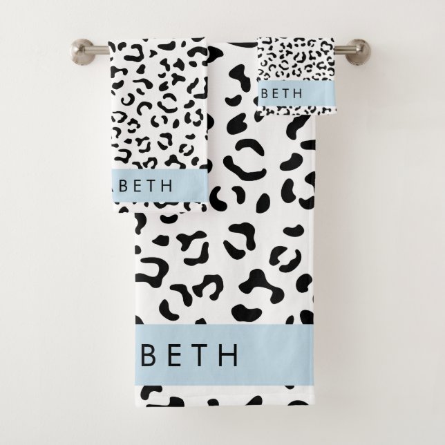 Leopardrucke, Spots, Schwarzweiß, Ihr Name Badhandtuch Set (Insitu)