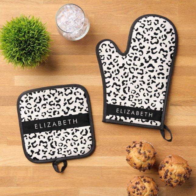 Leopardrucke, Spots, Schwarzweiß, Ihr Name Ofenhandschuh & Topflappen-Set (Oben Unten)