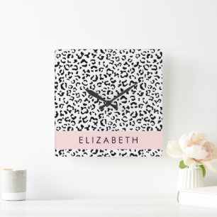 Leopardrucke, Spots, Schwarzweiß, Ihr Name Quadratische Wanduhr