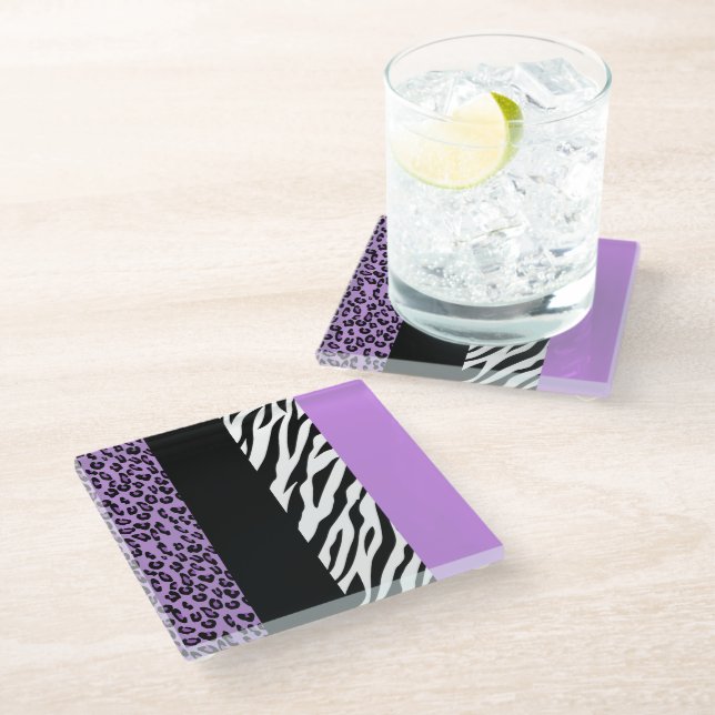 Leopardrucke, Zebra Print, Tierdruck, Lila Glasuntersetzer (Schrägansicht)