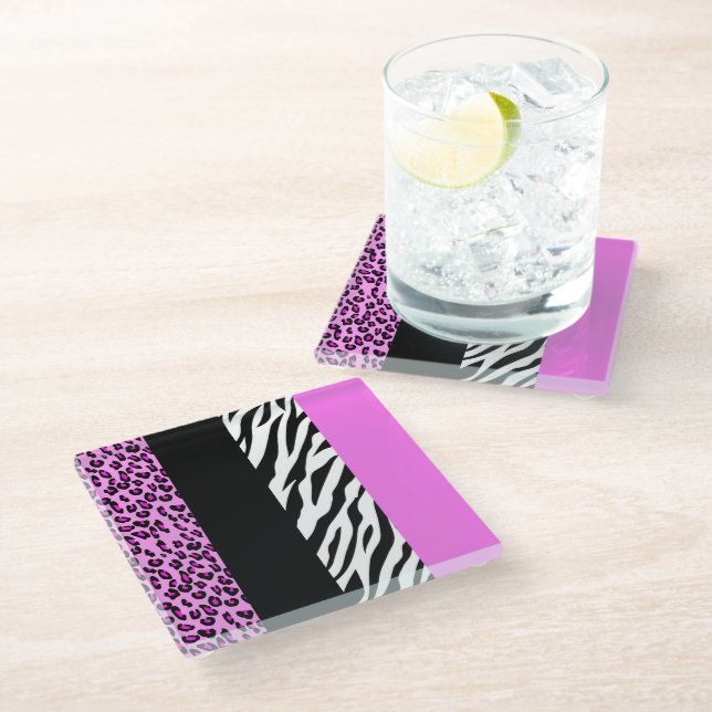 Leopardrucke, Zebra Print, Tierdruck, Rosa Glasuntersetzer (Schrägansicht)