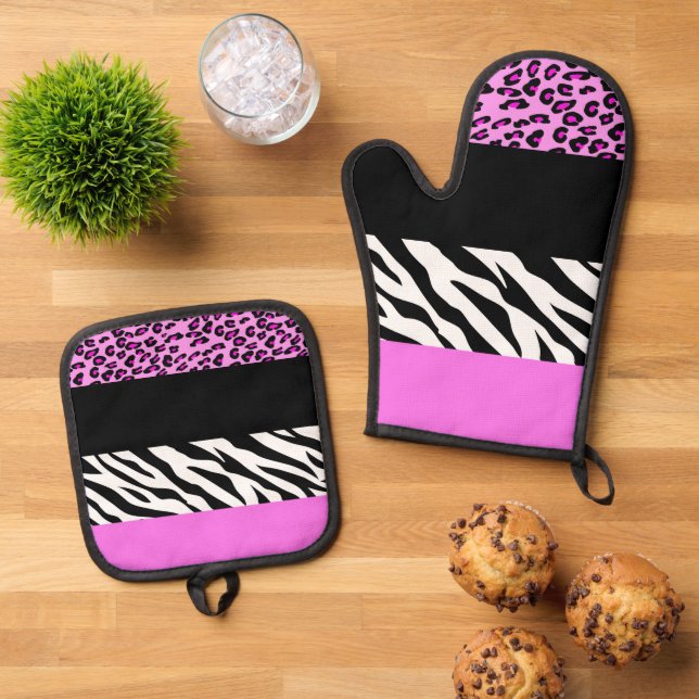 Leopardrucke, Zebra Print, Tierdruck, Rosa Ofenhandschuh & Topflappen-Set (Oben Unten)
