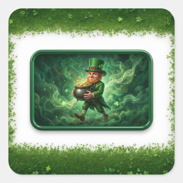 Leprechaun Carrying Pot Of Gold Quadratischer Aufkleber (Vorderseite)