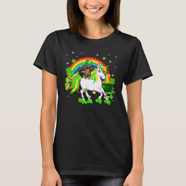 Leprechaun Dackel Reiten Unicorn Happy St Patri T-Shirt (Vorderseite)