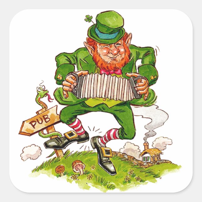 Leprechaun Dancing a Jig, Happy St. Patrick's Day Quadratischer Aufkleber (Vorderseite)