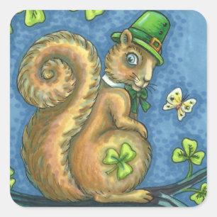 LEPRECHAUN IRISH SQUIRREL, GLÜCK-STICKERS QUADRATISCHER AUFKLEBER