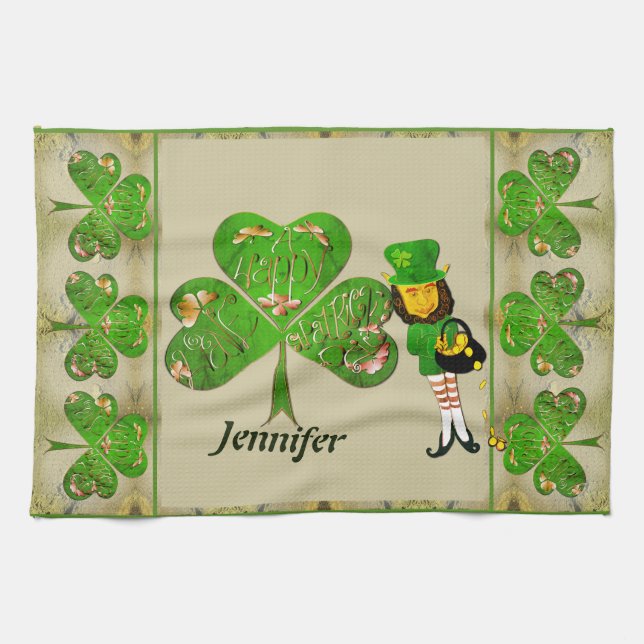 Leprechaun Kleeblatts Grau Geschirrtuch (Horizontal)