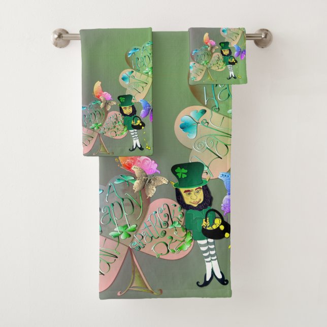 Leprechaun Kleeblatts "Happy St. Patrick's" Badhandtuch Set (Insitu)