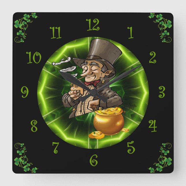 Leprechaun-Leaning auf Pot of Gold Quadratische Wanduhr (Vorderseite)