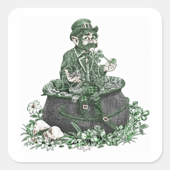 Leprechaun und Pot of Gold Quadratischer Aufkleber (Vorderseite)