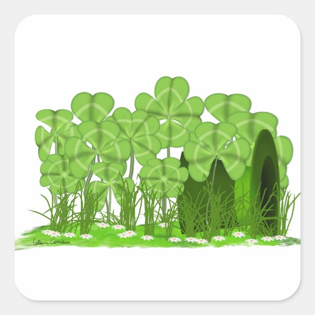Leprechaun's Top Hat Lying in Field of Shamrocks  Quadratischer Aufkleber (Vorderseite)