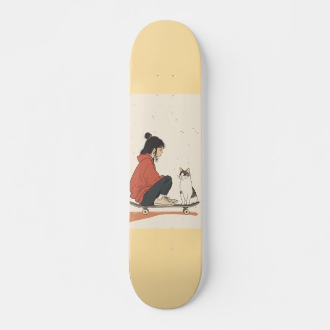 Les ados sitting on skateboard and next to his cat (Devant)