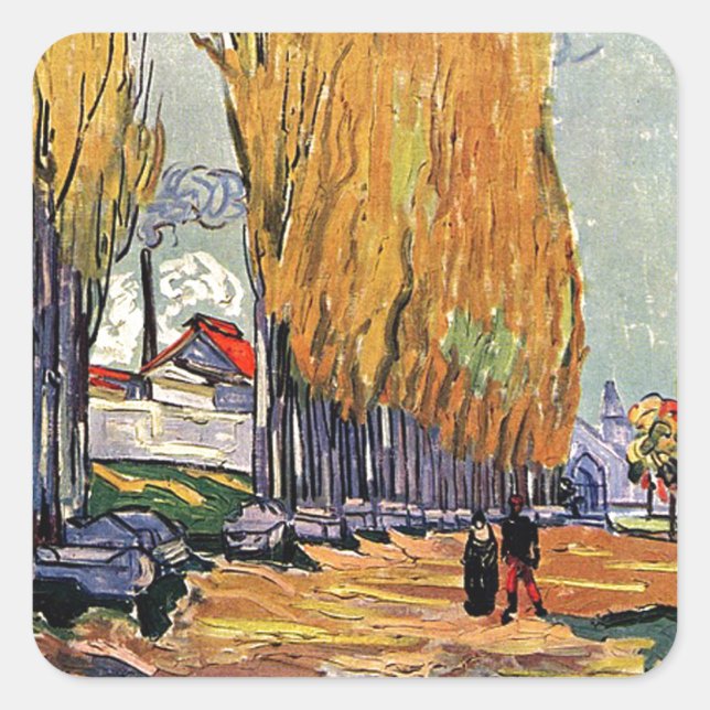 Les Alyscamps von Van Gogh. Herbstlandschaft Quadratischer Aufkleber (Vorderseite)