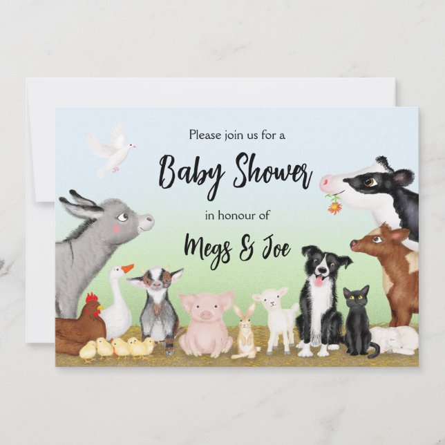 Les animaux de ferme mignons invitation baby showe (Devant)