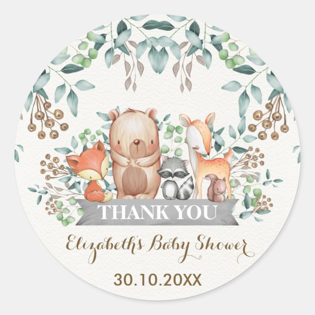 Les animaux de forêt de bois Merci Sticker Faveurs (Devant)