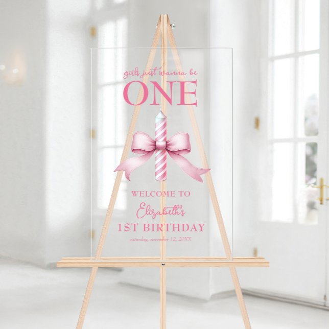 Les Filles De Bow Rose Voulaient Être Un 1Er Anniv (Pink Bow Girls Just Wanna Be One 1st Birthday Acrylic Sign)
