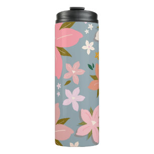 Les Fleurs 06 Blumenmuster Blau und Rosafarbenes F Thermosbecher