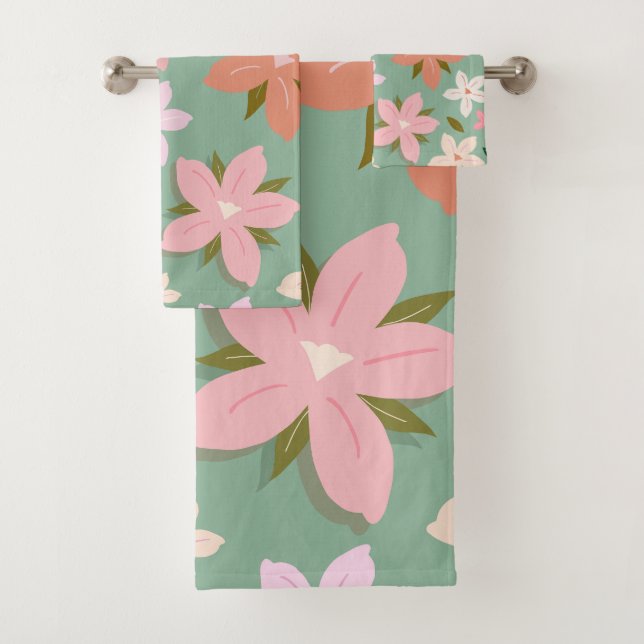 Les Fleurs 07 Abstrakte Blume Grün Blüte Badhandtuch Set (Insitu)