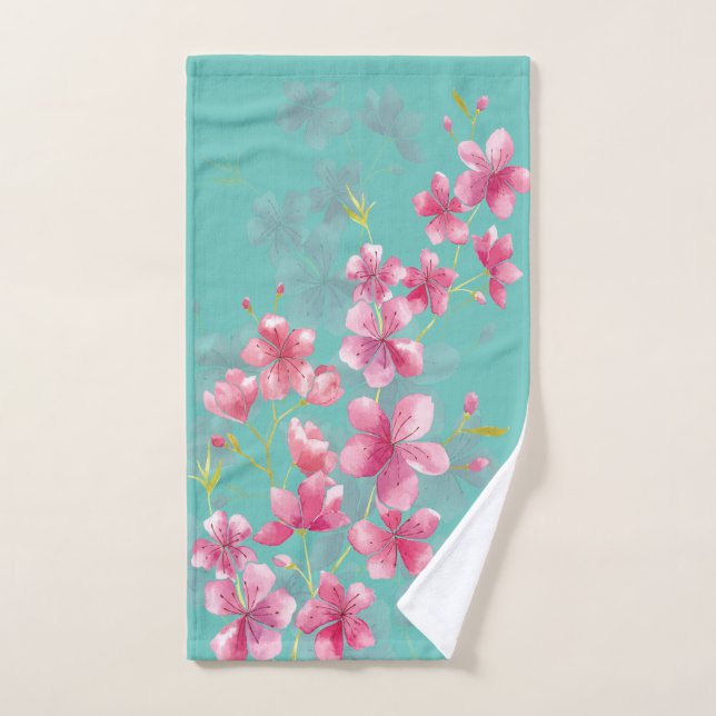 Les fleurs de cerisiers sur la serviette Turquoise (Serviette à main)