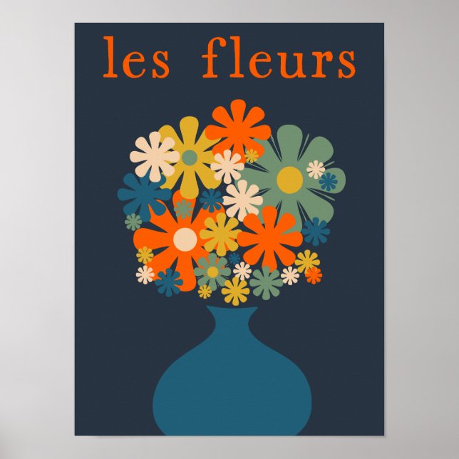 Les Fleurs Niedliche Retro-Blume in Vase Blue Oran Poster (Vorne)
